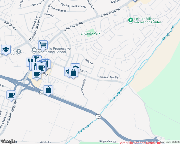 map of restaurants, bars, coffee shops, grocery stores, and more near 277 Camino Deville in Camarillo