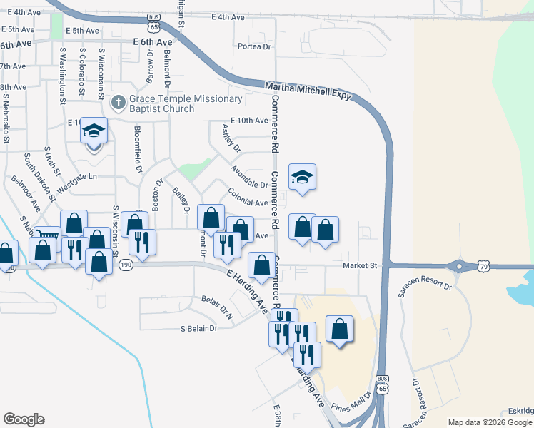 map of restaurants, bars, coffee shops, grocery stores, and more near 2814 Claremont Avenue in Pine Bluff
