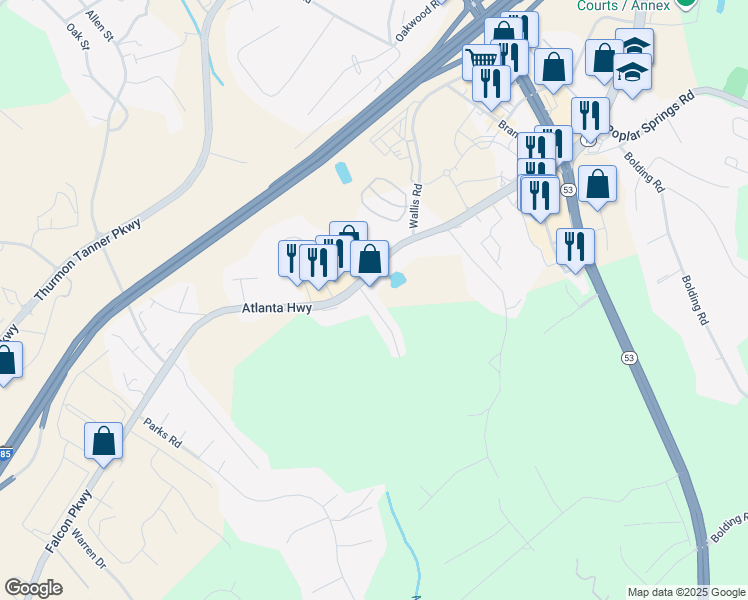 map of restaurants, bars, coffee shops, grocery stores, and more near 3589 Crest Hill Drive in Flowery Branch