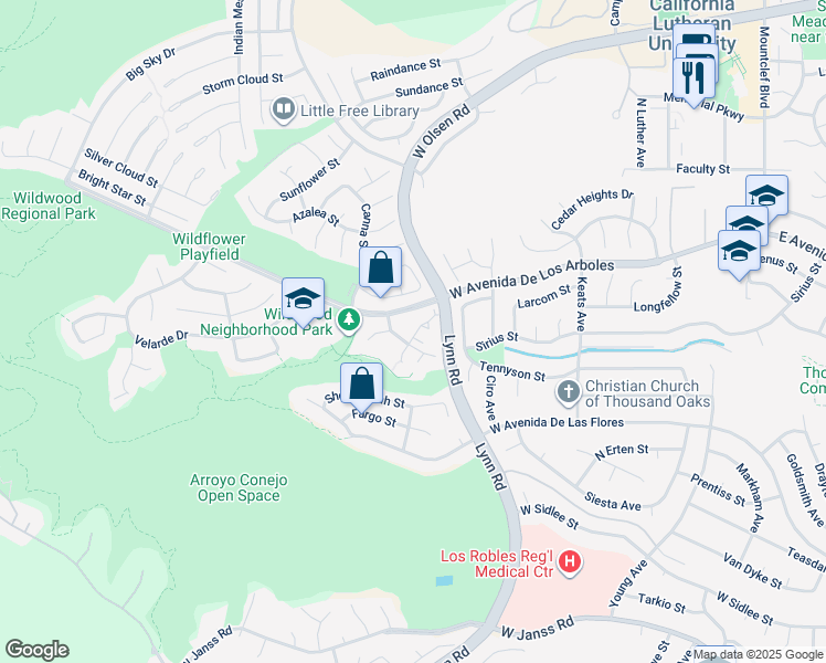 map of restaurants, bars, coffee shops, grocery stores, and more near 493 Serento Circle in Thousand Oaks