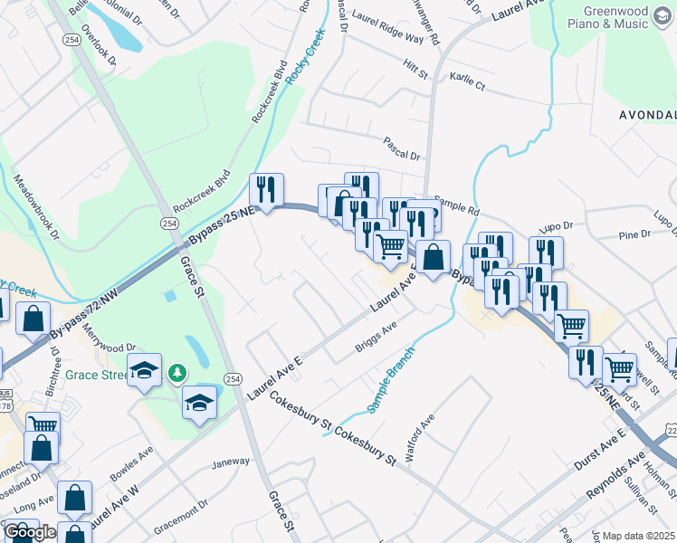 map of restaurants, bars, coffee shops, grocery stores, and more near 117 Pin Oak Drive in Greenwood