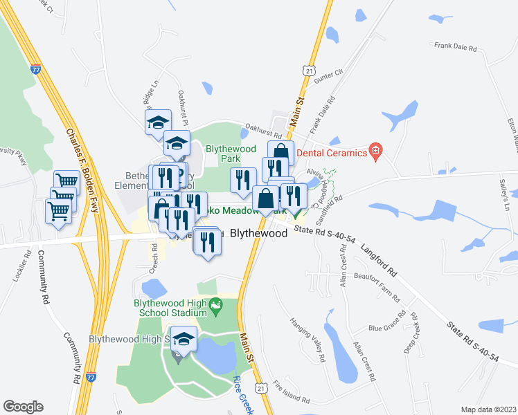 map of restaurants, bars, coffee shops, grocery stores, and more near 109 McNulty Street in Blythewood