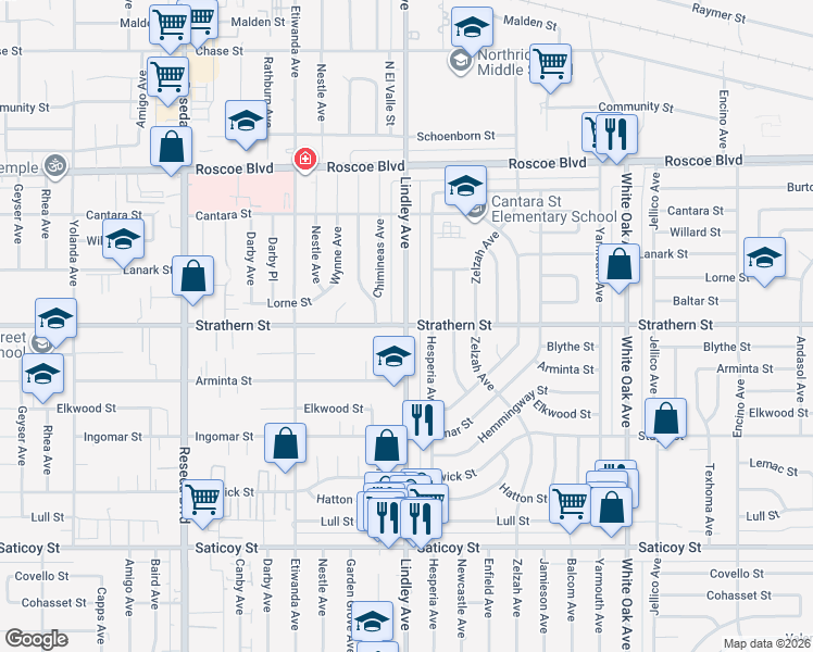 map of restaurants, bars, coffee shops, grocery stores, and more near Strathern Street & Lindley Avenue in Los Angeles