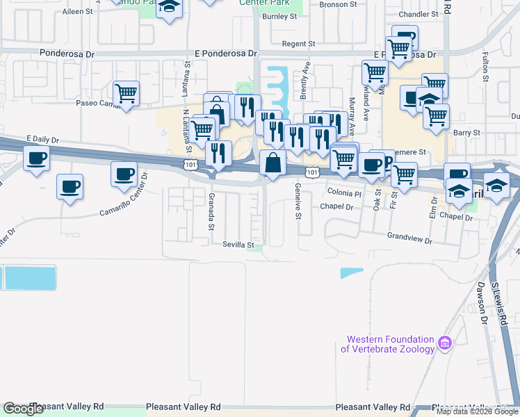 map of restaurants, bars, coffee shops, grocery stores, and more near 172 Calle Segunda in Camarillo