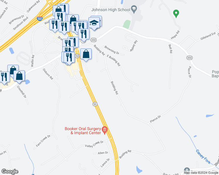 map of restaurants, bars, coffee shops, grocery stores, and more near 3740 Bolding Road in Flowery Branch