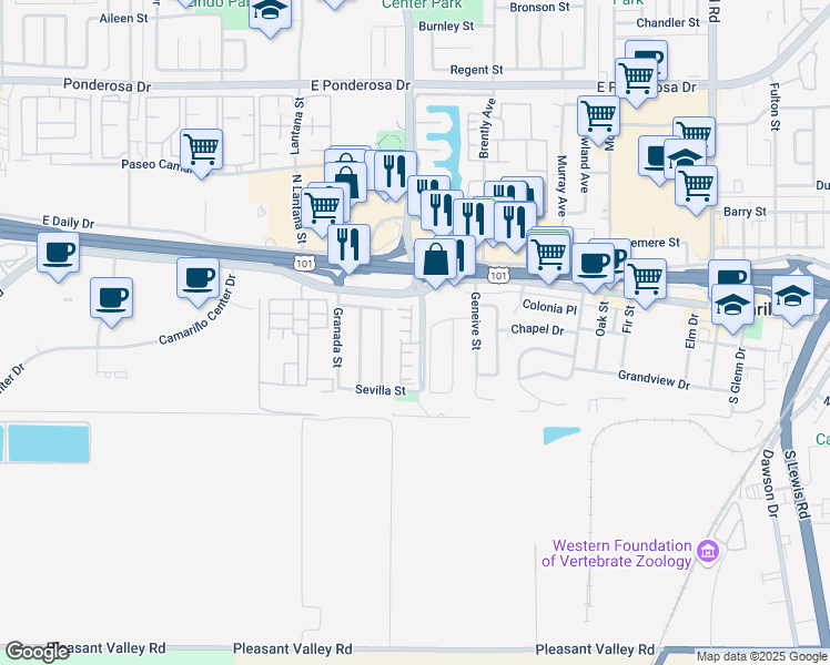 map of restaurants, bars, coffee shops, grocery stores, and more near 172 Calle Segunda in Camarillo