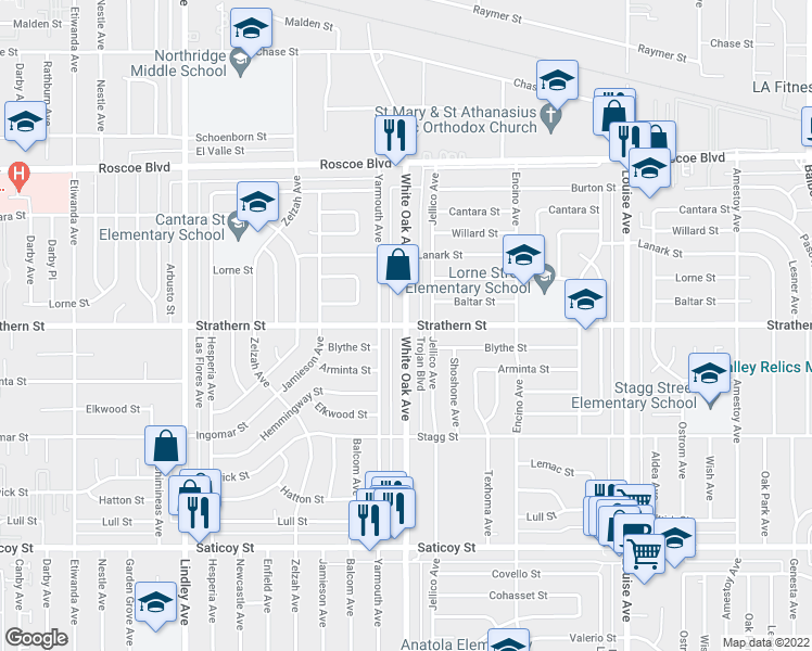 map of restaurants, bars, coffee shops, grocery stores, and more near White Oak Avenue in Los Angeles