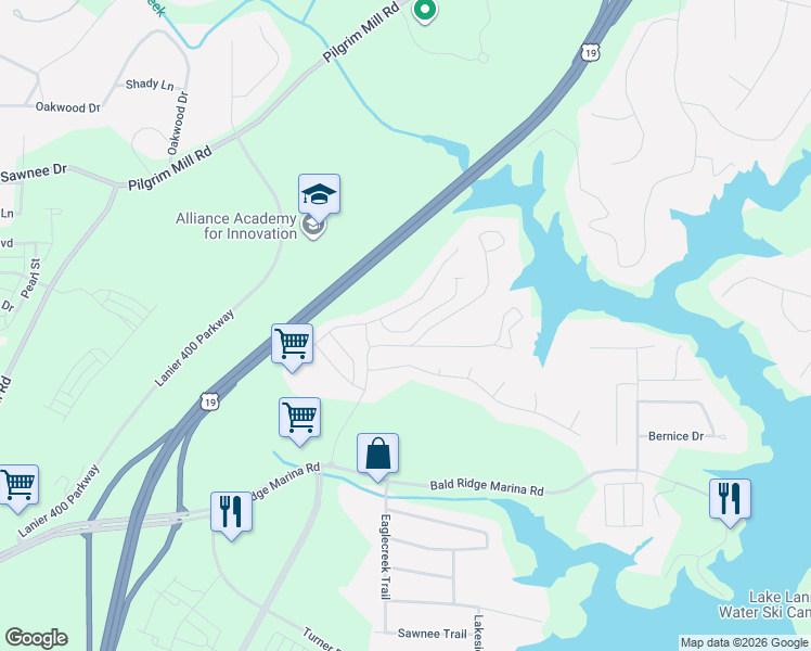 map of restaurants, bars, coffee shops, grocery stores, and more near 1375 Watercrest Drive in Cumming