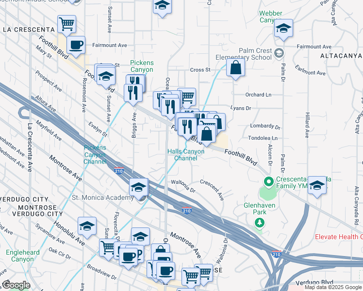 map of restaurants, bars, coffee shops, grocery stores, and more near 4418 Young Drive in La Crescenta-Montrose