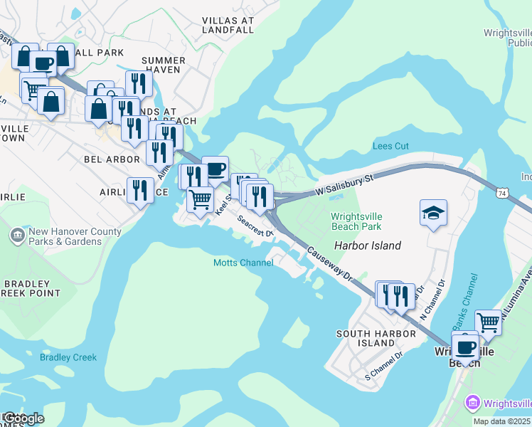map of restaurants, bars, coffee shops, grocery stores, and more near 270 Causeway Drive in Wrightsville Beach