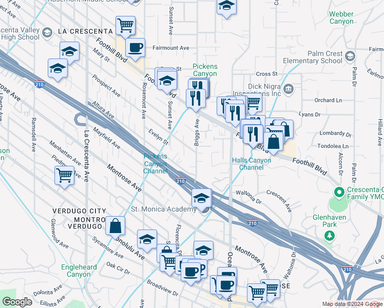 map of restaurants, bars, coffee shops, grocery stores, and more near 4351 Briggs Avenue in La Crescenta-Montrose