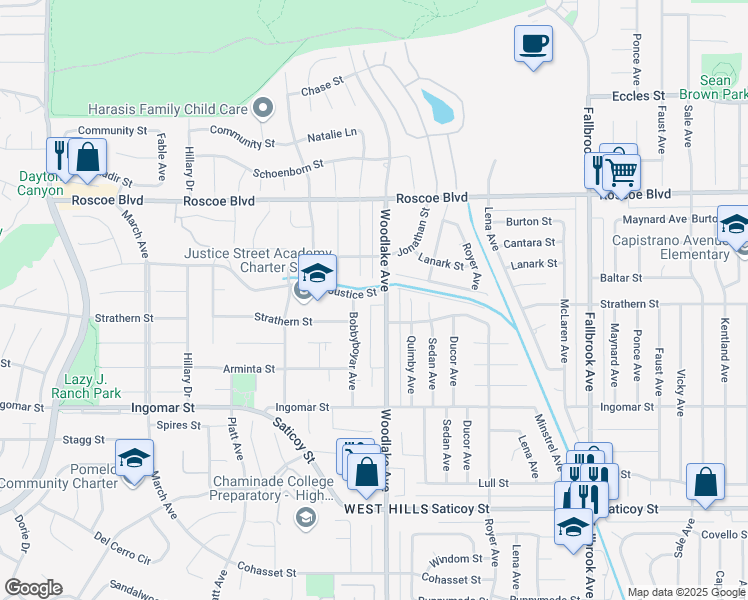 map of restaurants, bars, coffee shops, grocery stores, and more near 23212 Justice Street in Los Angeles