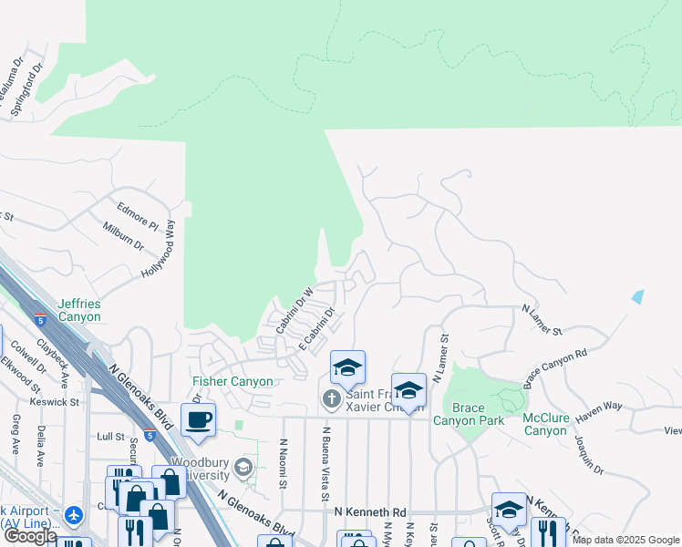 map of restaurants, bars, coffee shops, grocery stores, and more near 9344 Via Crema in Burbank