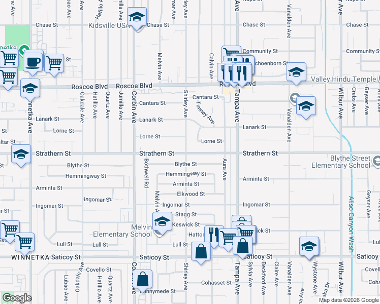 map of restaurants, bars, coffee shops, grocery stores, and more near 19431 Blythe Street in Los Angeles