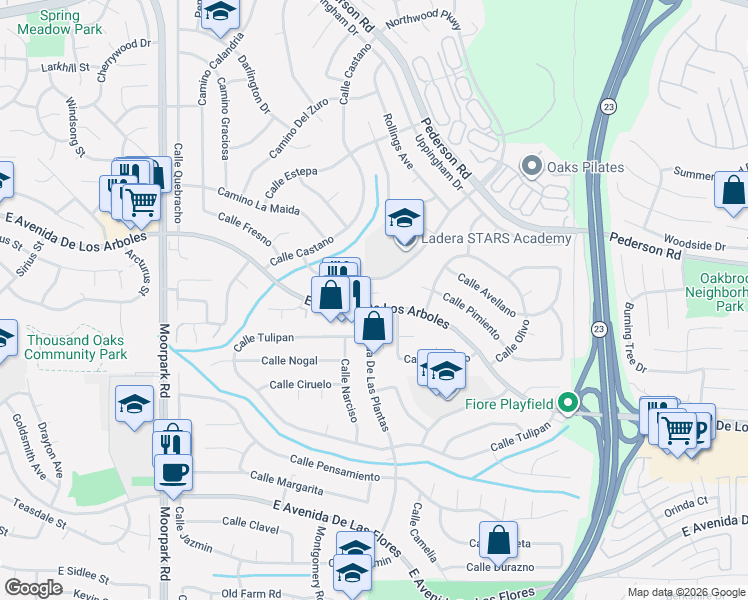 map of restaurants, bars, coffee shops, grocery stores, and more near 1152 East Avenida De Los Arboles in Thousand Oaks