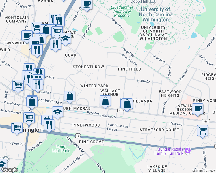 map of restaurants, bars, coffee shops, grocery stores, and more near 227 Wallace Avenue North in Wilmington