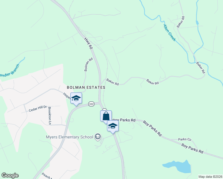 map of restaurants, bars, coffee shops, grocery stores, and more near 3691 Baker Road in Gainesville