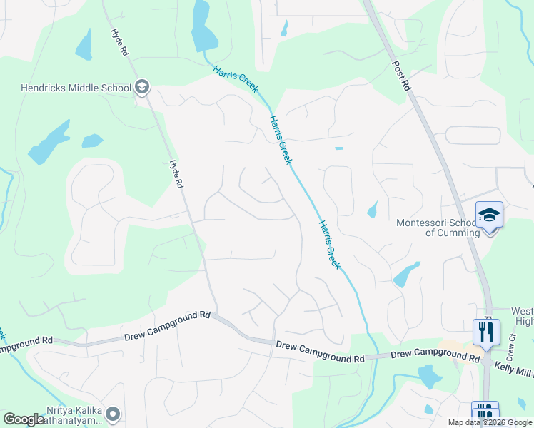 map of restaurants, bars, coffee shops, grocery stores, and more near 4280 Cadmium Drive in Cumming