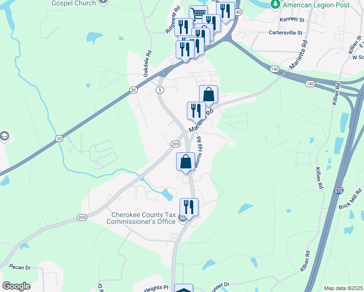 map of restaurants, bars, coffee shops, grocery stores, and more near 2037 Marietta Highway in Canton