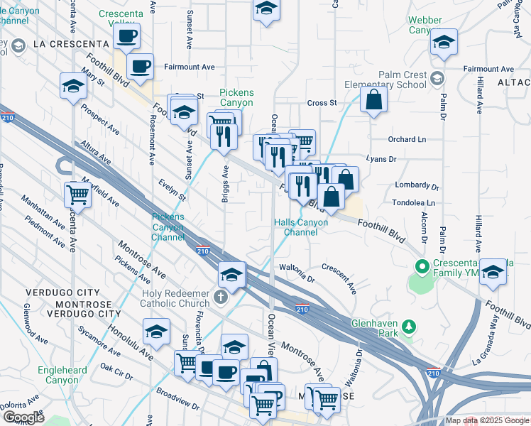 map of restaurants, bars, coffee shops, grocery stores, and more near 2312 Barton Lane in La Crescenta-Montrose