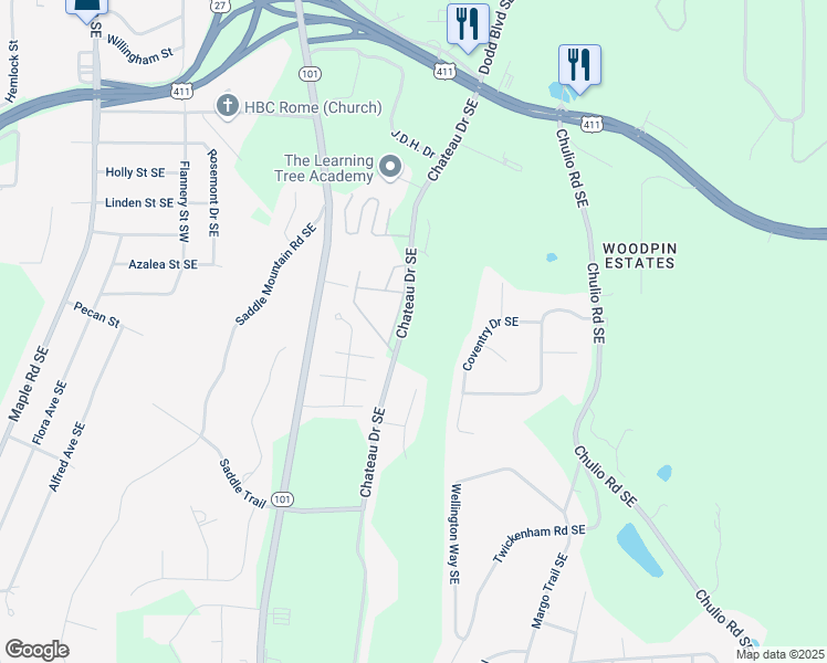map of restaurants, bars, coffee shops, grocery stores, and more near 107 Chateau Drive Southeast in Rome