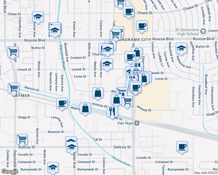 map of restaurants, bars, coffee shops, grocery stores, and more near 14643 Blythe Street in Los Angeles