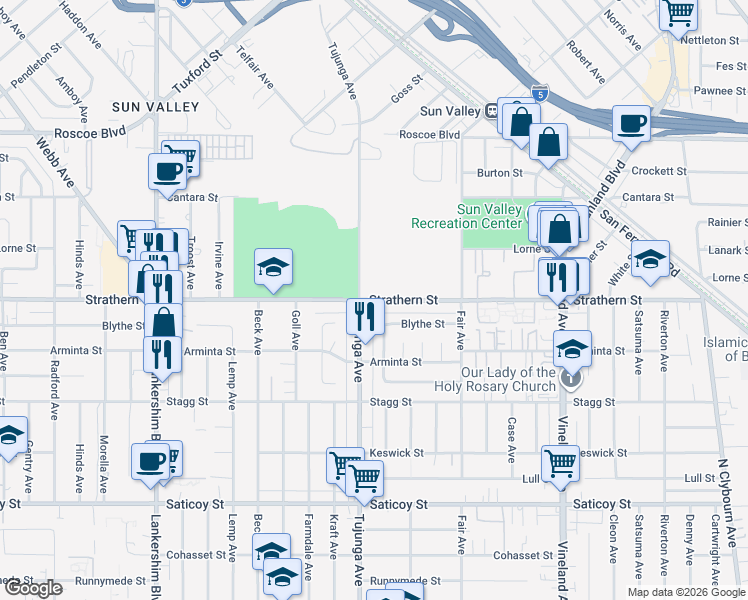 map of restaurants, bars, coffee shops, grocery stores, and more near 7931 Bakman Avenue in Los Angeles