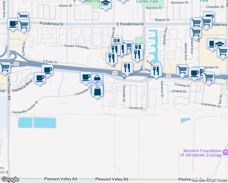map of restaurants, bars, coffee shops, grocery stores, and more near 1150 Ventura Boulevard in Camarillo