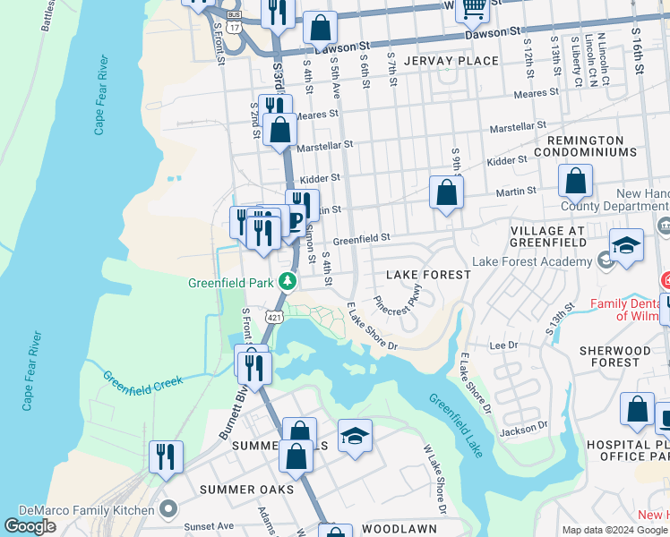 map of restaurants, bars, coffee shops, grocery stores, and more near 405 Willard Street in Wilmington