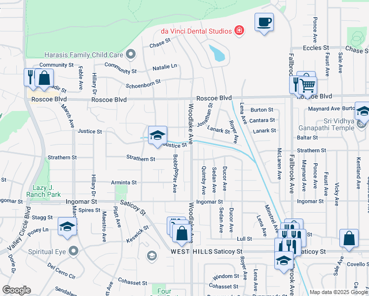 map of restaurants, bars, coffee shops, grocery stores, and more near 23212 Justice Street in Los Angeles
