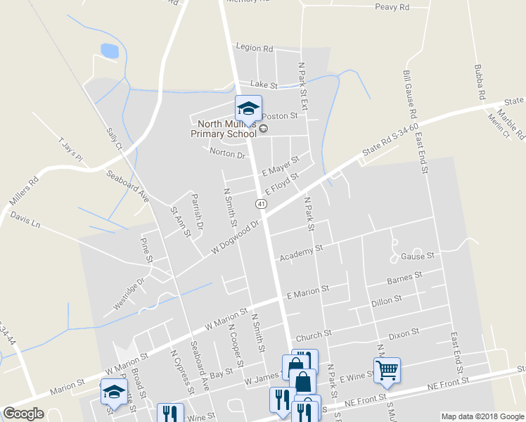 map of restaurants, bars, coffee shops, grocery stores, and more near 719 North Main Street in Mullins
