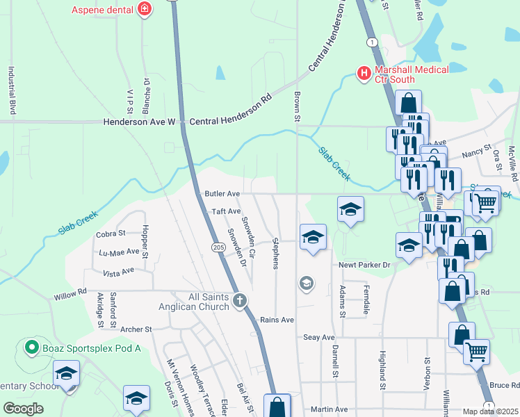 map of restaurants, bars, coffee shops, grocery stores, and more near 908 Stephens in Boaz