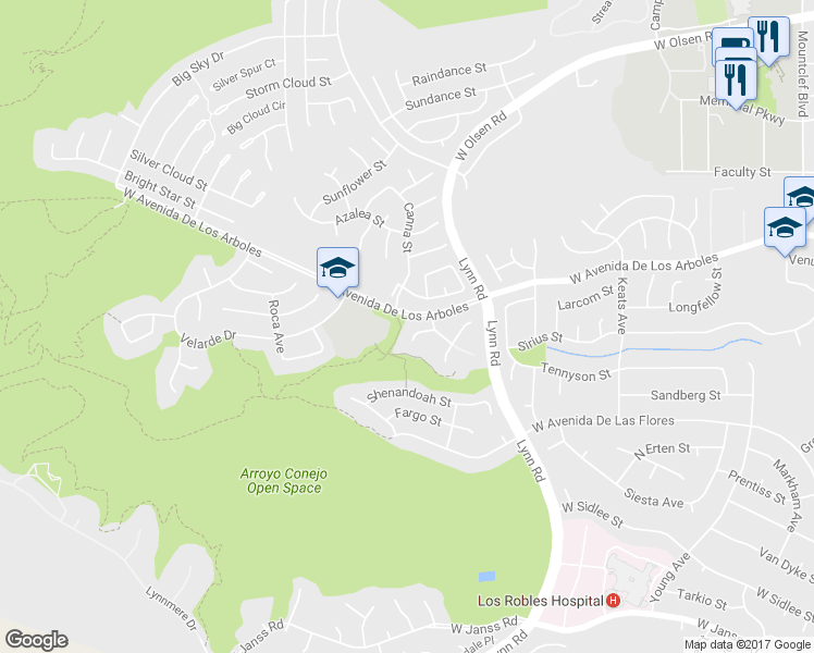 map of restaurants, bars, coffee shops, grocery stores, and more near 579 Rio Grande Circle in Thousand Oaks