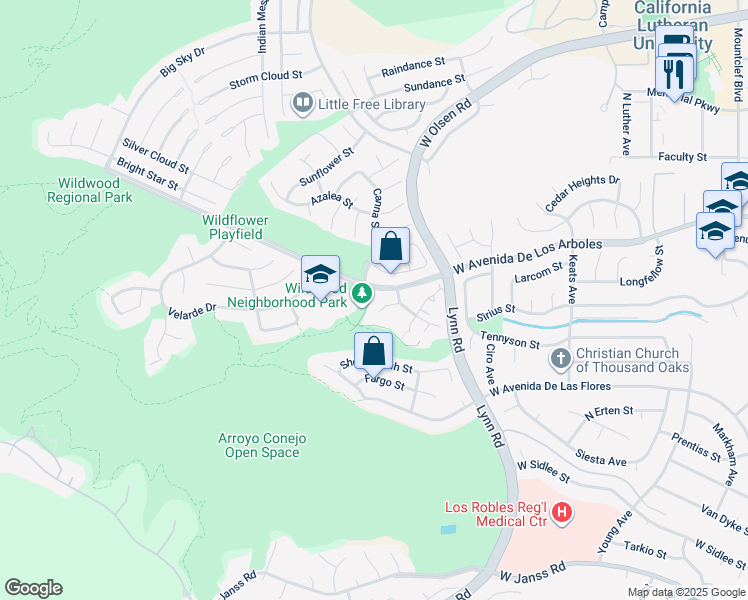 map of restaurants, bars, coffee shops, grocery stores, and more near 579 Rio Grande Circle in Thousand Oaks