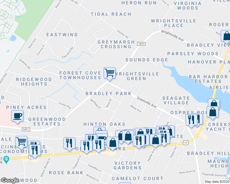 map of restaurants, bars, coffee shops, grocery stores, and more near 1625 Shoreline Place in Wilmington