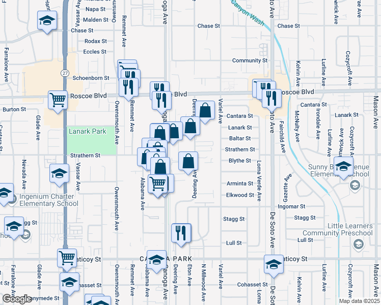 map of restaurants, bars, coffee shops, grocery stores, and more near 21251 Deering Court in Los Angeles