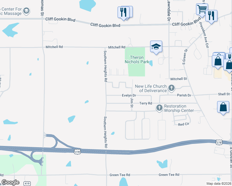 map of restaurants, bars, coffee shops, grocery stores, and more near 1100-1198 Terry Road in Tupelo