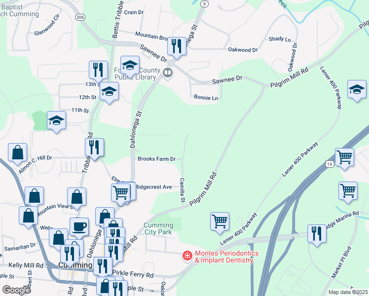 map of restaurants, bars, coffee shops, grocery stores, and more near 500 Pearl Street in Cumming