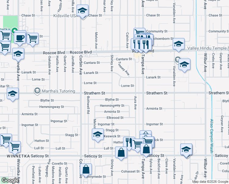 map of restaurants, bars, coffee shops, grocery stores, and more near 19455 Strathern Street in Los Angeles