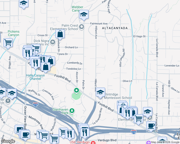 map of restaurants, bars, coffee shops, grocery stores, and more near 4645 Hillard Avenue in La Cañada Flintridge
