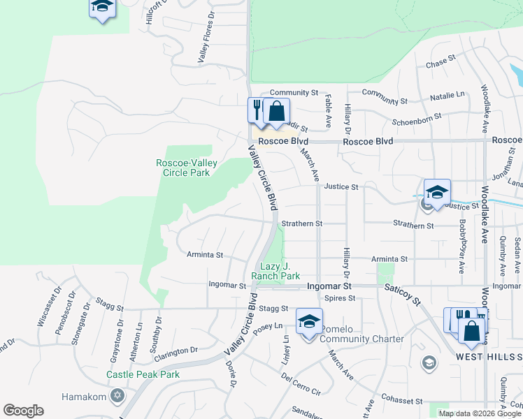map of restaurants, bars, coffee shops, grocery stores, and more near 7936 Valley Flores Drive in Los Angeles