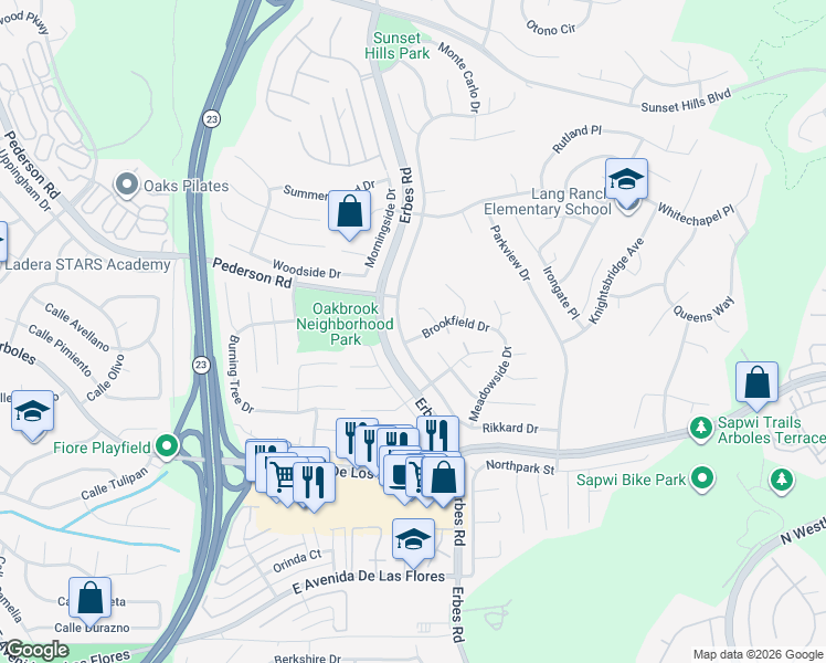 map of restaurants, bars, coffee shops, grocery stores, and more near 2697 Rikkard Drive in Thousand Oaks