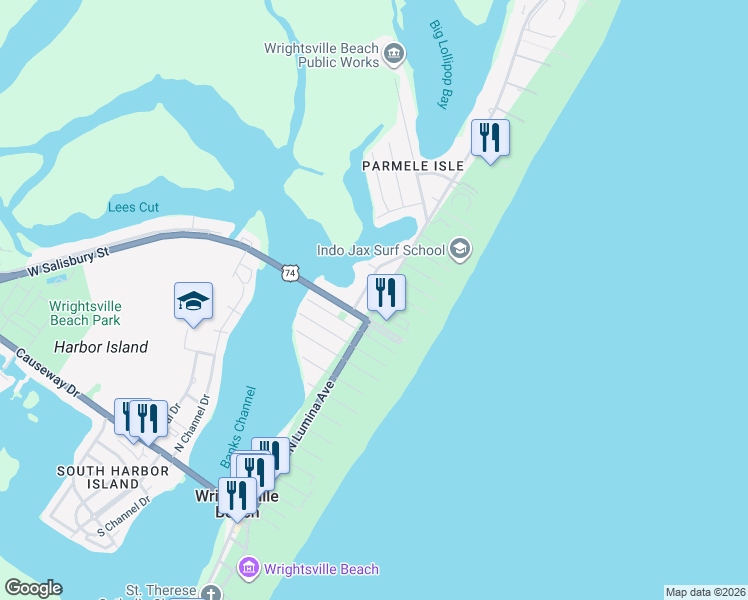 map of restaurants, bars, coffee shops, grocery stores, and more near 11 East Salisbury Street in Wrightsville Beach