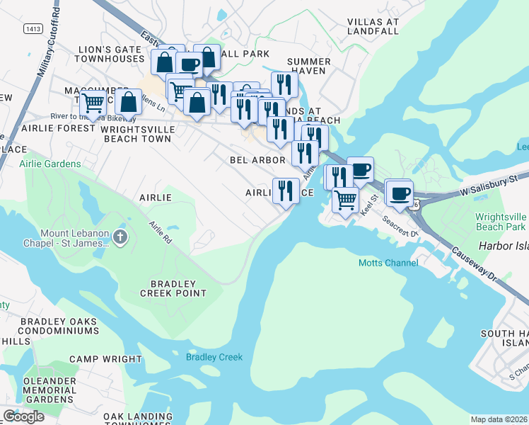 map of restaurants, bars, coffee shops, grocery stores, and more near 636-662 Airlie Rd in Wilmington