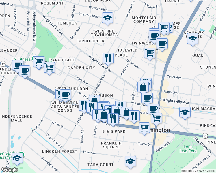 map of restaurants, bars, coffee shops, grocery stores, and more near 4101 Park Avenue in Wilmington