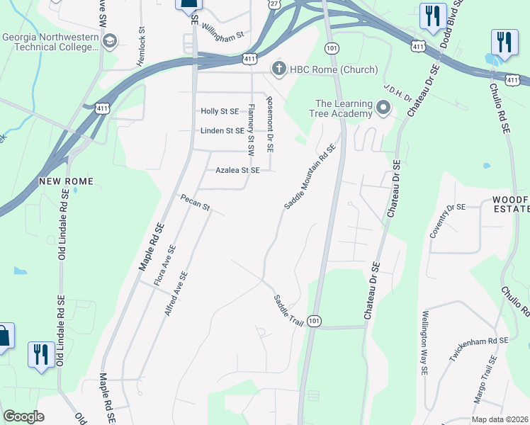 map of restaurants, bars, coffee shops, grocery stores, and more near 27 Saddle Mountain Road Southeast in Rome
