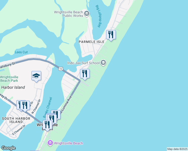 map of restaurants, bars, coffee shops, grocery stores, and more near 12 Heron Street in Wrightsville Beach