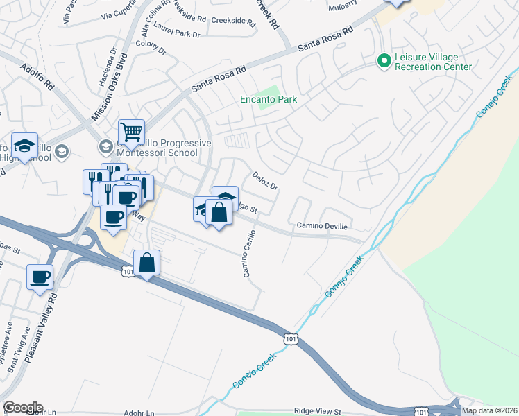map of restaurants, bars, coffee shops, grocery stores, and more near 5361 Hidalgo Street in Camarillo
