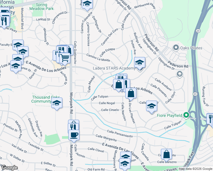 map of restaurants, bars, coffee shops, grocery stores, and more near 874 East Avenida De Los Arboles in Thousand Oaks