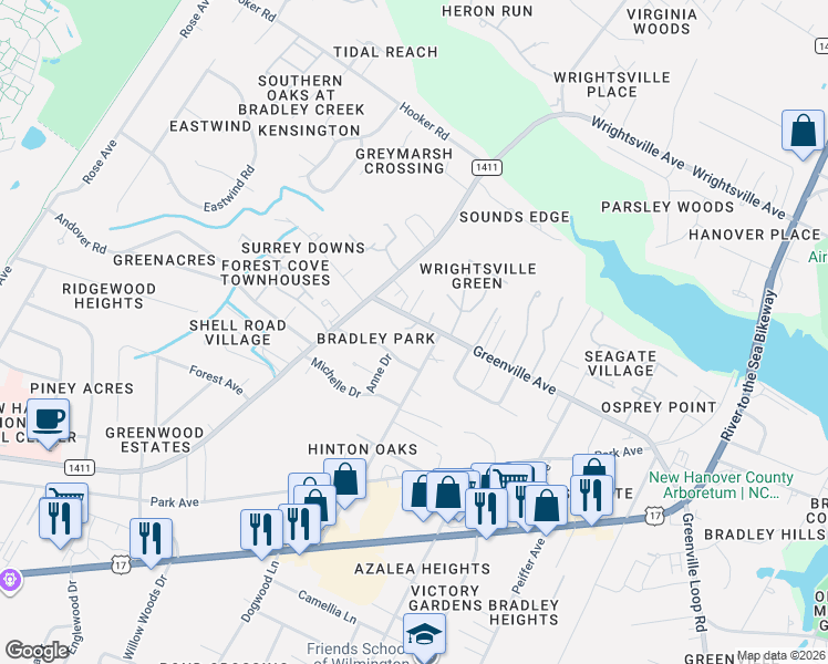 map of restaurants, bars, coffee shops, grocery stores, and more near 6013 Larson Place in Wilmington